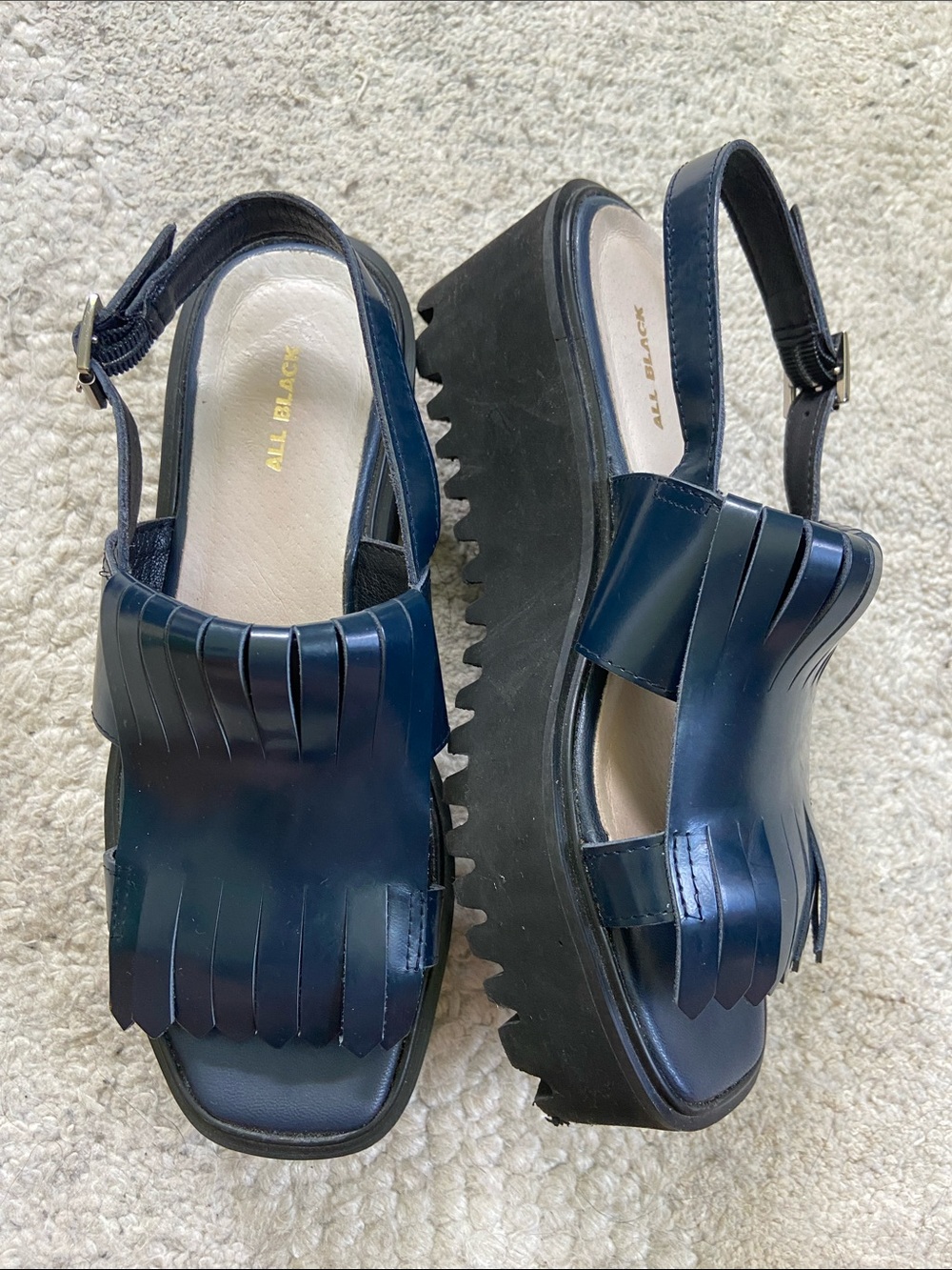 All Black Kiltie Navy Fringe Platform Chunky Sandals - Picture 3 of 9